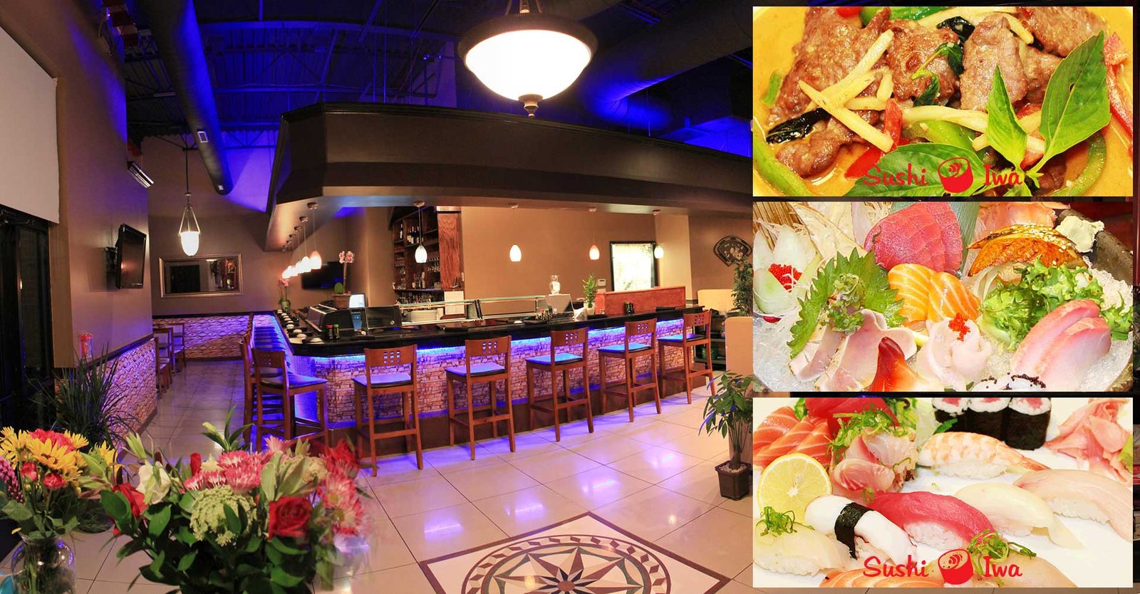 Sushi Iwa’s restaurant interior alongside sushi and Asian dishes